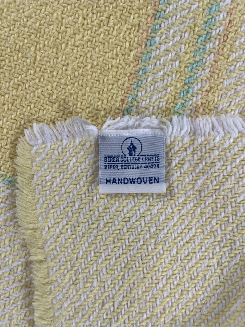 Vtg Berea College Crafts Handwoven Baby Blanket Yellow White Plaid 34x46 Fringe